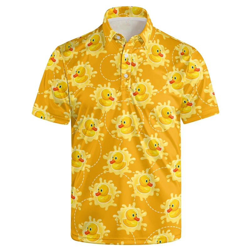 Cute Duck 3D Print Polo Shirts For Men Clothes Harajuku Short Sleeve Funny New Animal Little Yellow Ducks Button Shirt Tops