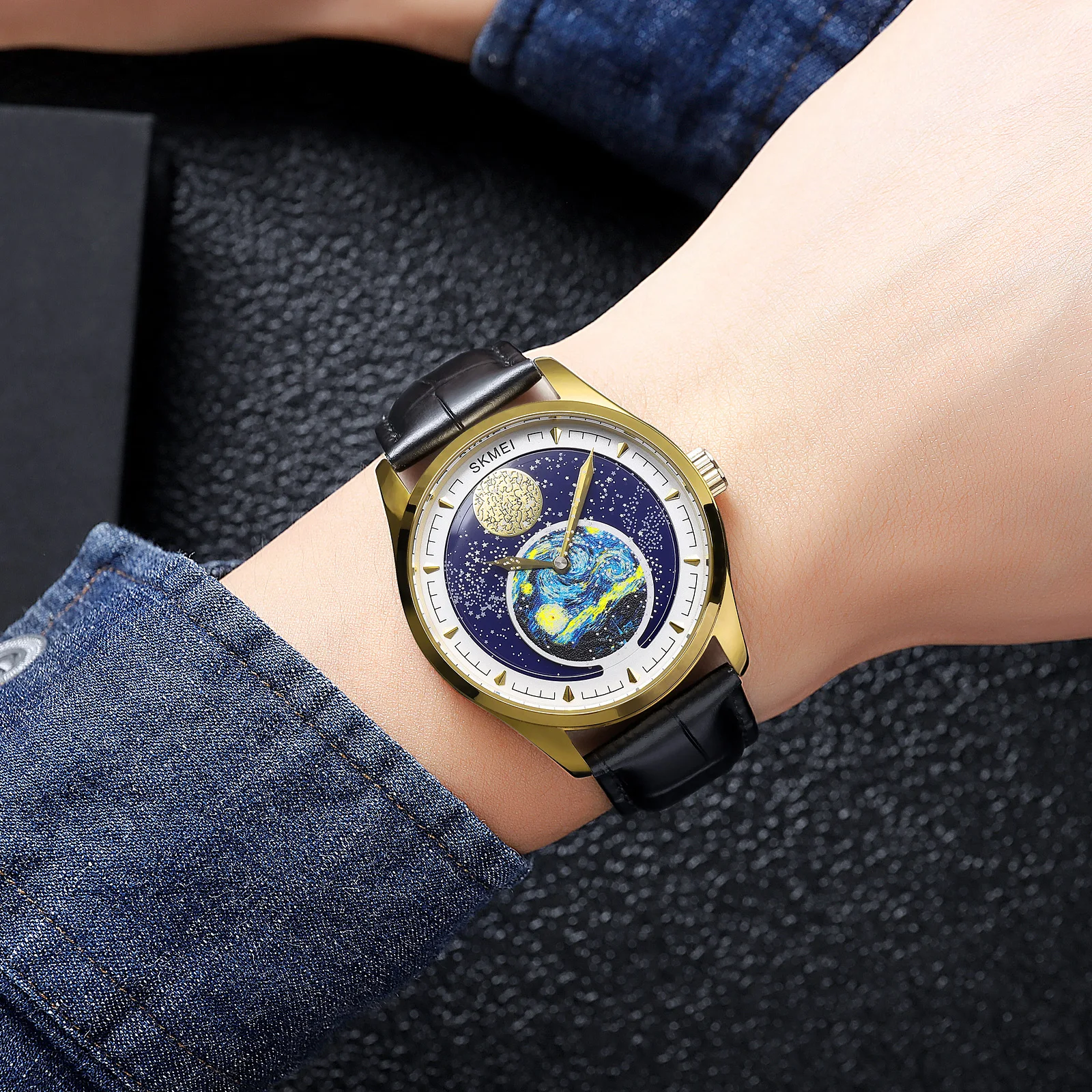 SKMEI Fashion Starry Sky Moon Phase orologi al quarzo da uomo Casual cinturino in vera pelle orologi da polso impermeabili Clcok reloj hombre