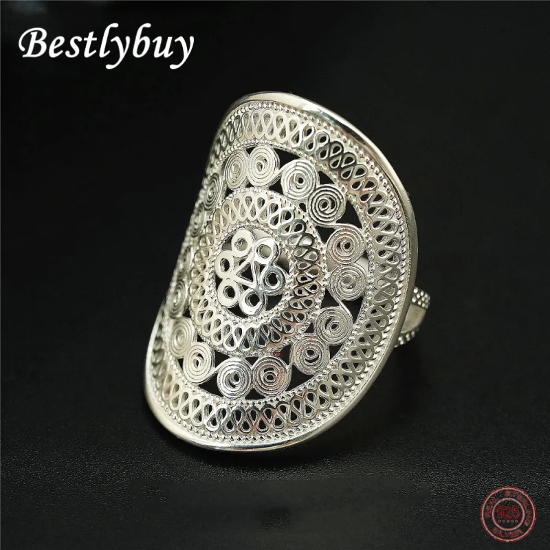 

S925 Pure Silver Hollow Copper Drum Pattern Personalized Light Luxury Adjustable Ring Women's Fashion Handmade Jewelry