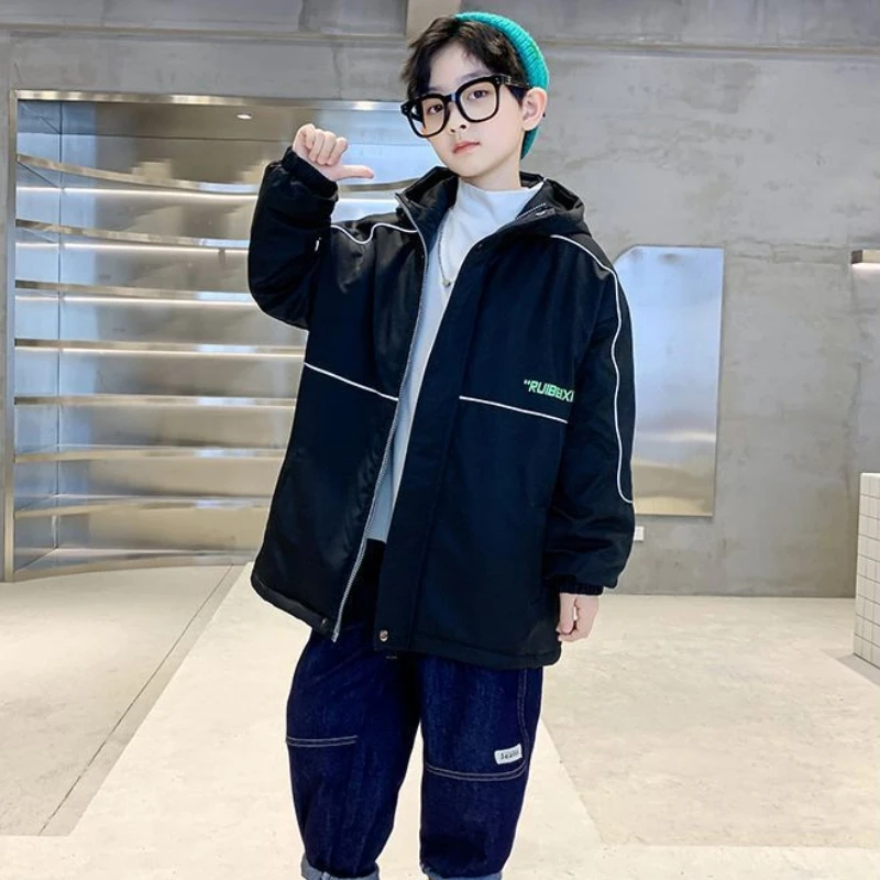 Boys Coat Jacket Cotton Outerwear Windbreak 2023 Hot Thicken Velvet Winter Warm Teenagers Children\'s Clothing