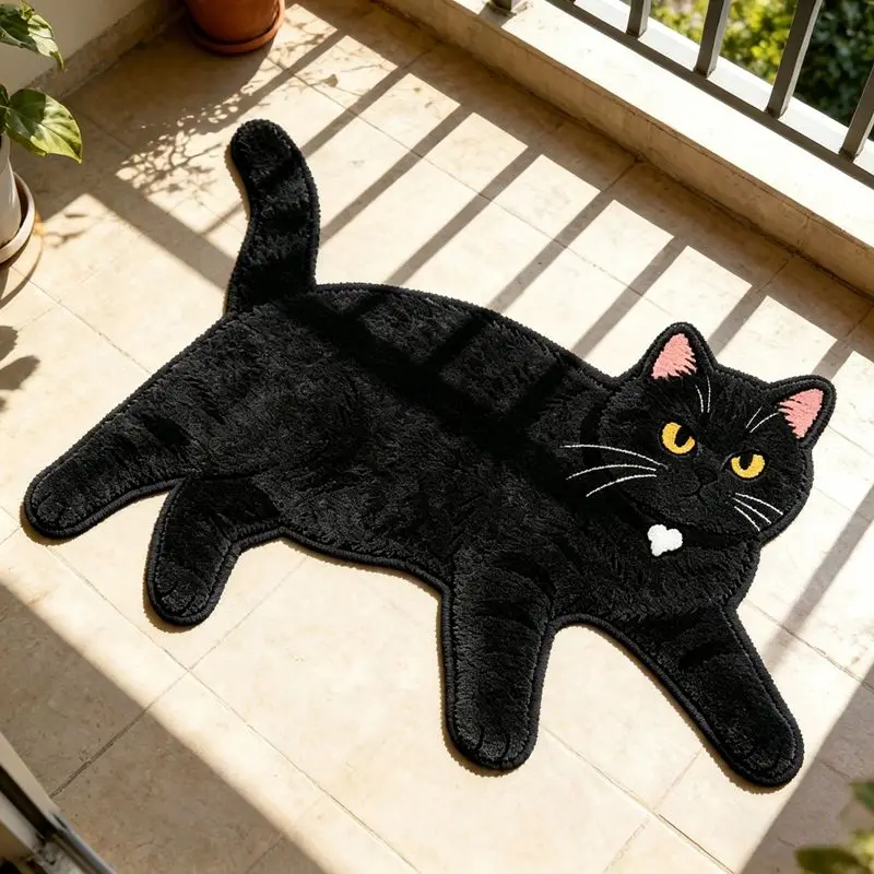 VIKAMA Lazy Lying Black Cat Shaped Plush Rug - Cute Cartoon Non-Slip Absorbent Floor Mat for Bedroom, Bathroom, Living Room