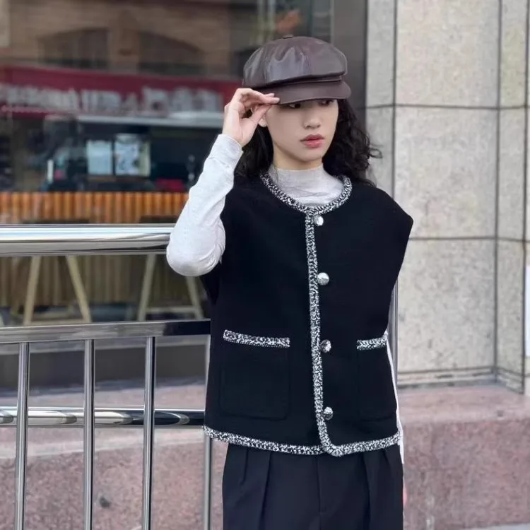 

Girdear 2026 Spring New Loose round Ne Svel Tweed Small Fraance Sle Vest Jaet Luxury Light Wool Blend Single Bu...