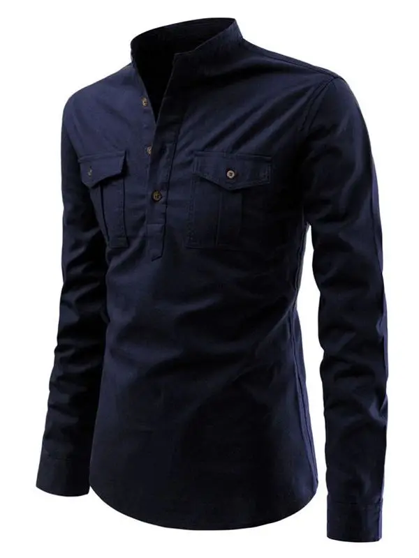 

Spring Mens Longsved Shirt Pullover Standup Collar Thickened PU Leather Loose Fit Cleanfit Style Pure Color for Middle-Aged A...