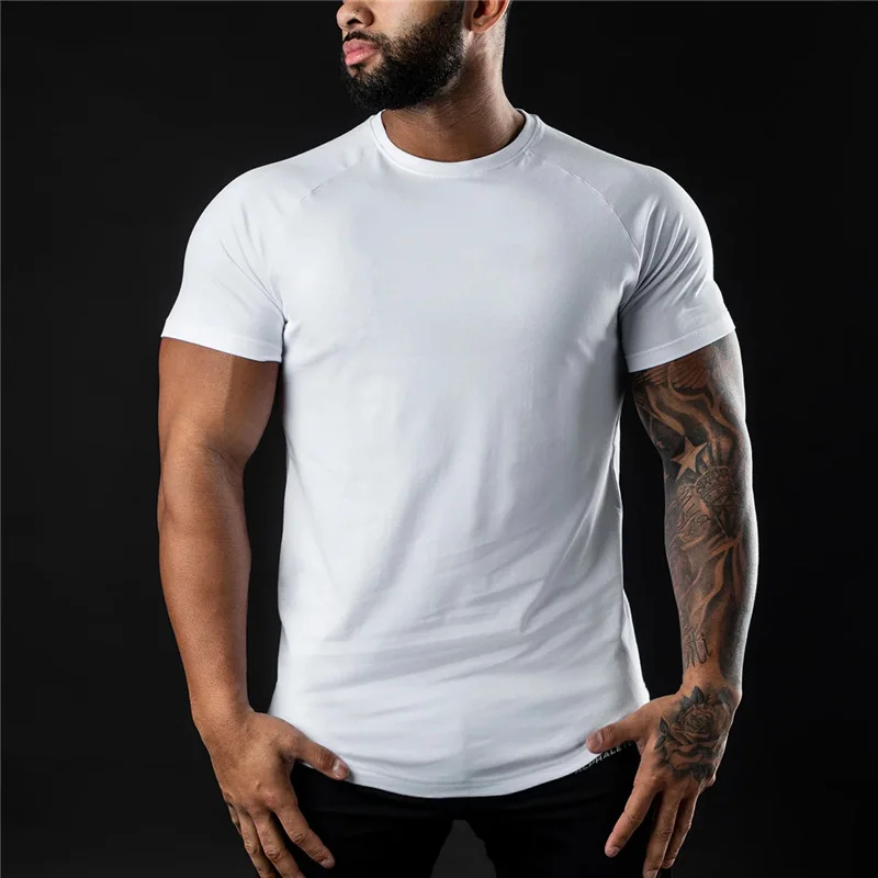 T-shirt à manches courtes et col rond en coton pour homme, vêtement de fitness, gym, musculation, entraînement, été