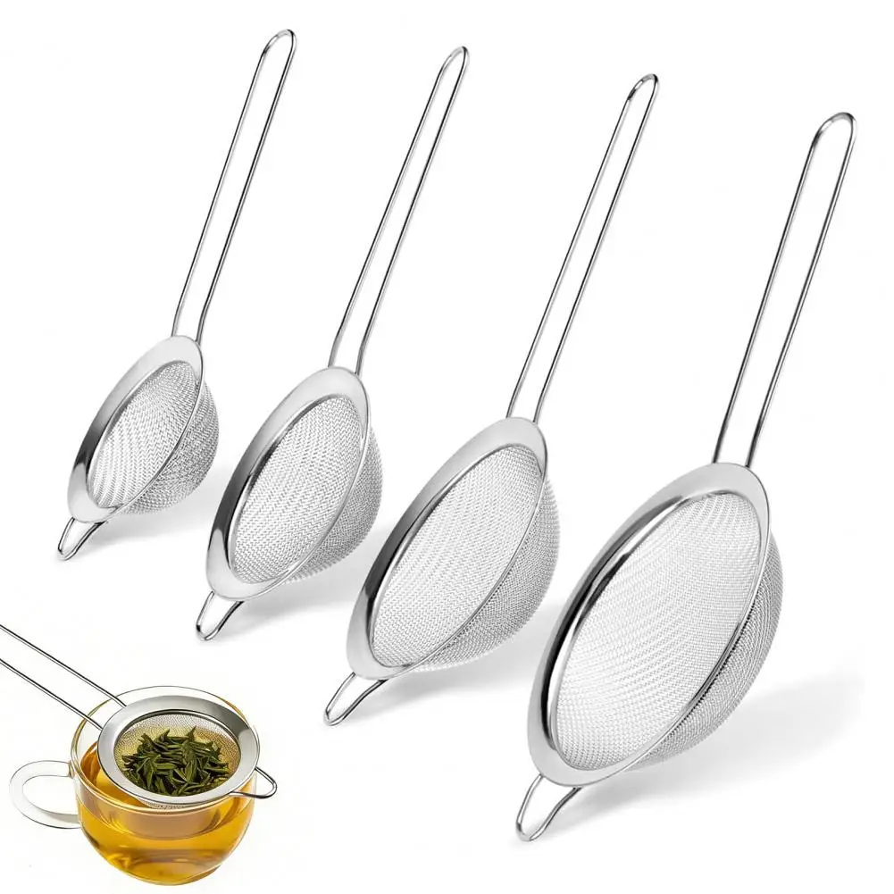Stainless Steel Fine Mesh Strainer Set Multi-Size Kitchen Sifter For Flour Oil & Juice Long Handle Sieve For Cooking Baking Tea