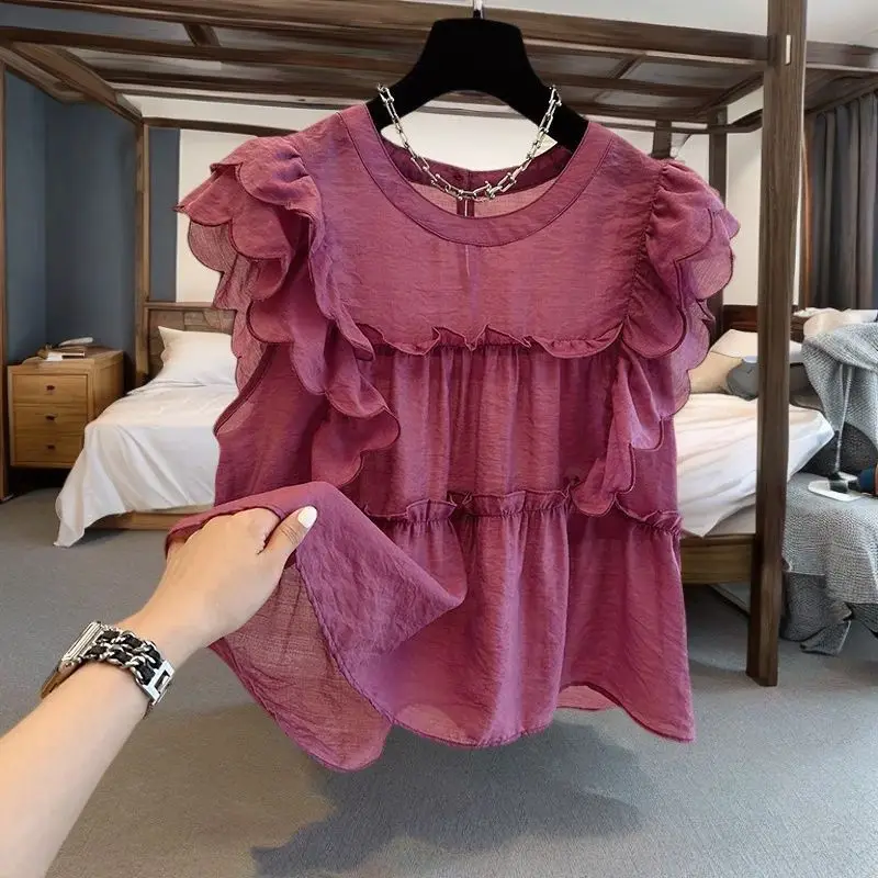 Summer Trendy Ruffle Sweet Chic Blouses New O Neck Solid Color Straight Chiffon Flying Sleeve Loose Casual Shirts Women Clothing