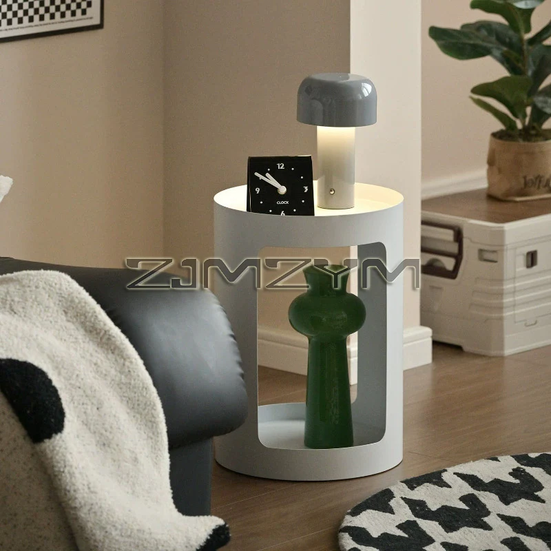 Nordic Iron Double-Layer Living Room Side Table Coffee Round Table Minimalist Bedroom Bedside Metal Frame Storage Rack