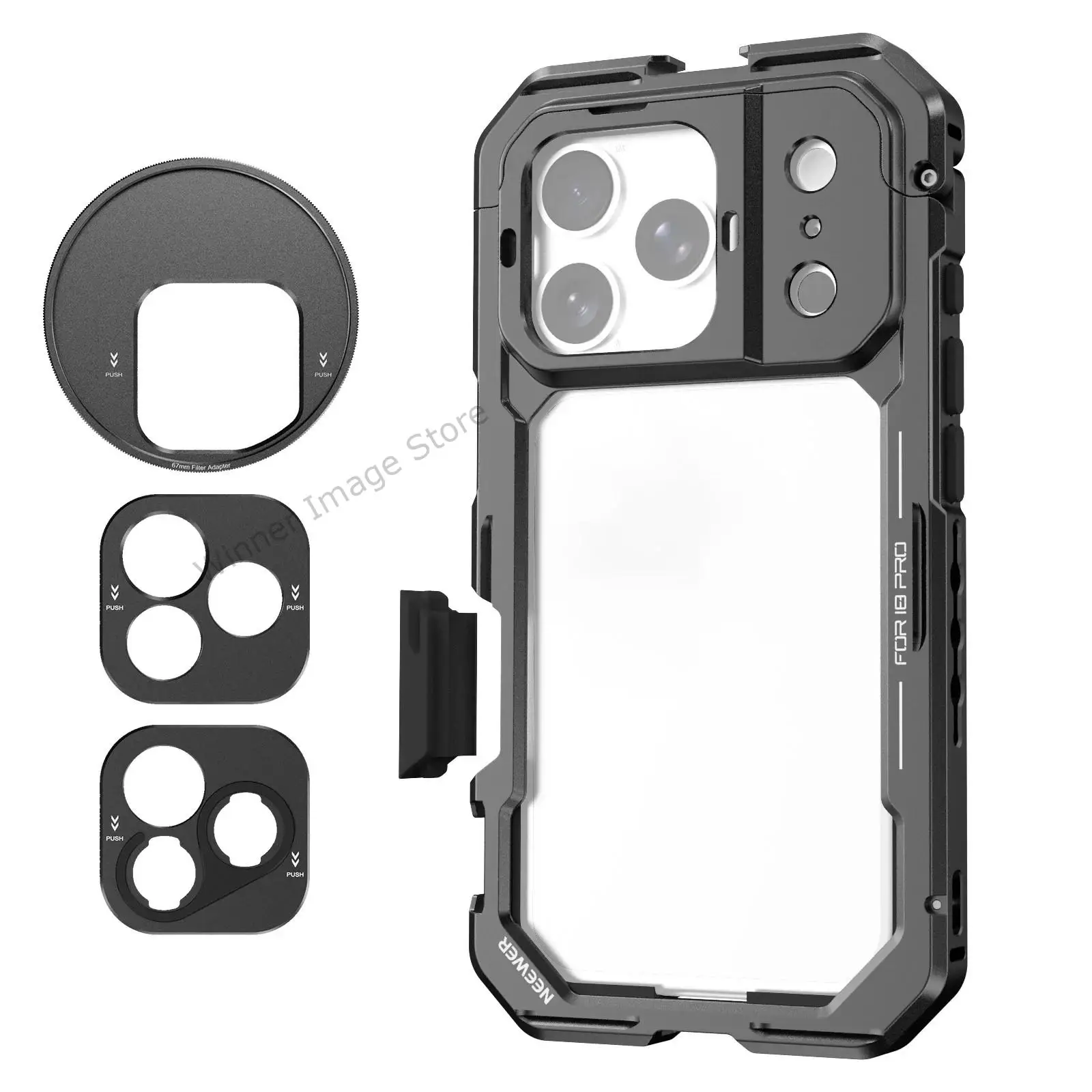 NEEWER Phone Cage for iPhone 18P 18PM Quick Release Video Rig Stabilizer Accessories with 67mm Filter Ring 17mm Lens Back