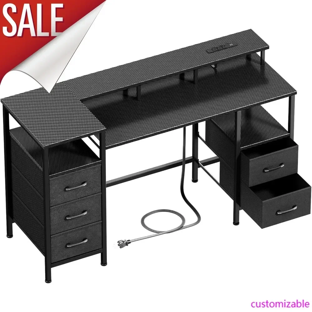 

Компьютерный стол 47 дюймов с розетками и LED-подсветкой, реверсивный, для домашнего офиса, с регулируемыми 5 тканевыми выдвижными ящиками для хранения