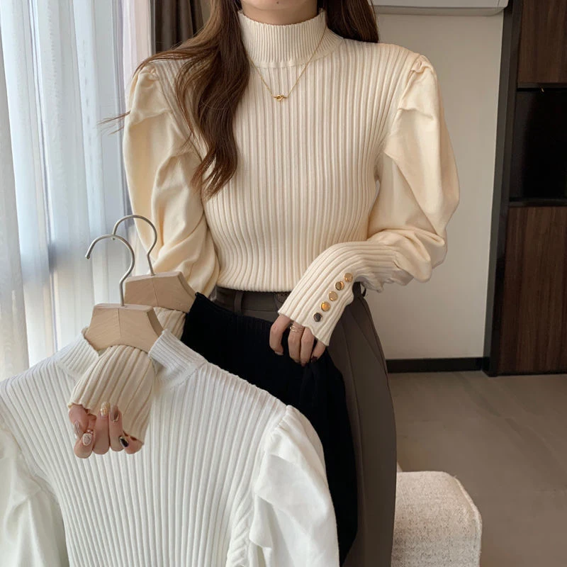 Biyaby Women\'s Turtleneck Sweaters Pullovers Korean Chic Puff Sleeve Knitted Pullover Female High Elastic Slim Fit Knitwear 2022