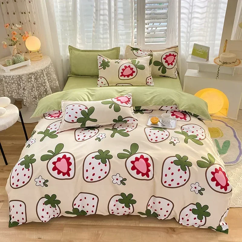 

Beddings Sets Small Fresh Thickened Brushed Pure Cotton Four-piece Set Bed Sheet Quilt Cover Washed Cotton Three-piece Bed Linen