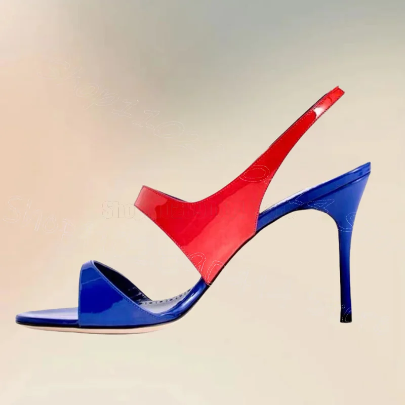버튼 장식 레드 블루 에나멜 샌들 버튼 스트랩 여성 슈즈 얇은 하이힐 오픈토 데이트 2025 여성 신발