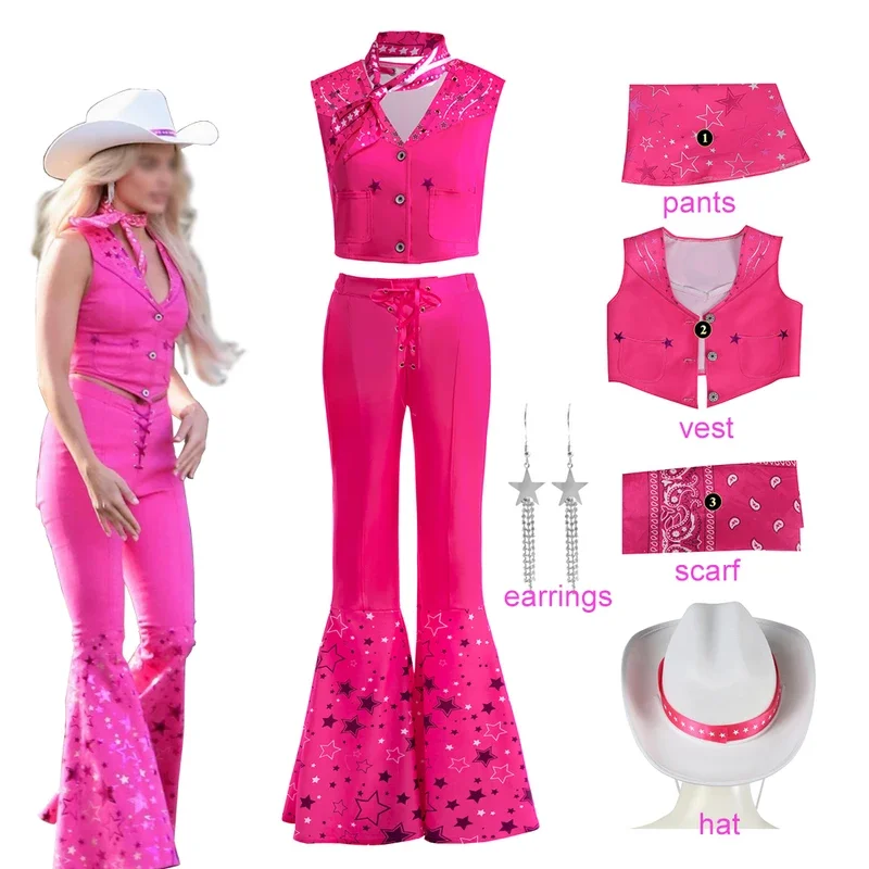 2023 Movie Barbi Cosplay Clothes Cowboy Hat Vintage Flared Pants Girls Kids Halloween Costume Carnival Party Barbi Pink Outfits