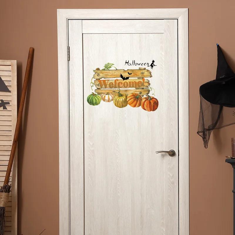 Rustic Vintage Halloween Door Sticker, Worn Wooden Board Texture Decal, Pumpkin Witch Bat Festive Home Door Wall Decorations