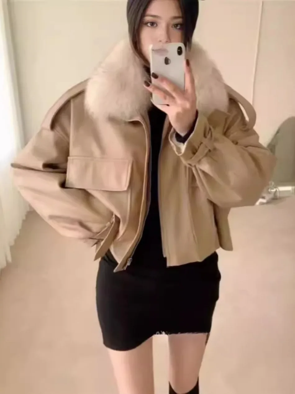 Women Clothing Short Detachable Rabbit Fur Collar Warm Black Coats Women Tops Autumn/Winter New Velvet Thickened Leather Jacket