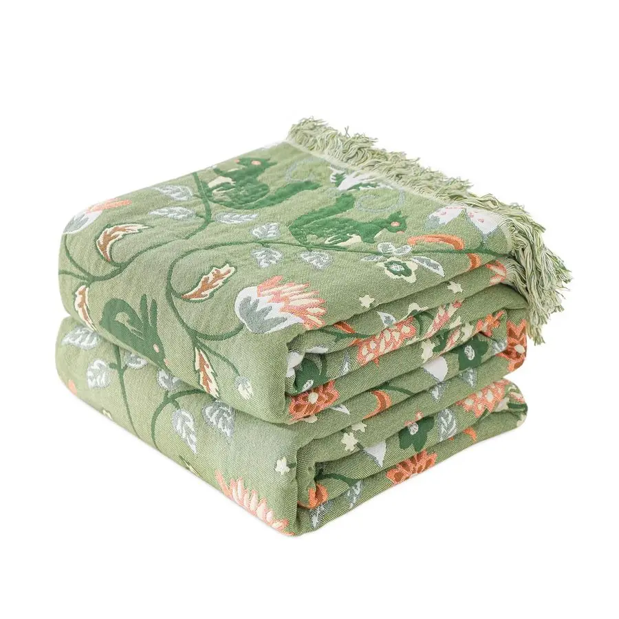 

Плед для кровати из 100% хлопка, мягкий, легкий, декоративный, зеленый, с вышивкой в виде цветочного сада, двусторонний, всесезонный