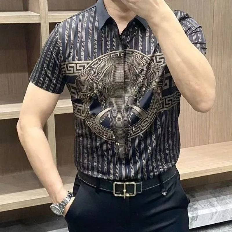 2024 Men\'s Fashion Printed Shirt Summer Men\'s Hot Diamond Fashion Short Sleeve Casual Slim Fit Loose Single Breasted Shirt