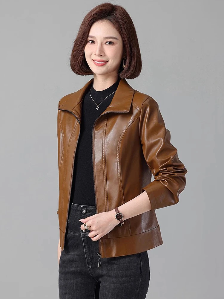 New Women Casual Moto Biker Leather Jacket Spring Autumn Fashion Turn-down Collar Long Sleeve Short Split Leather Coat