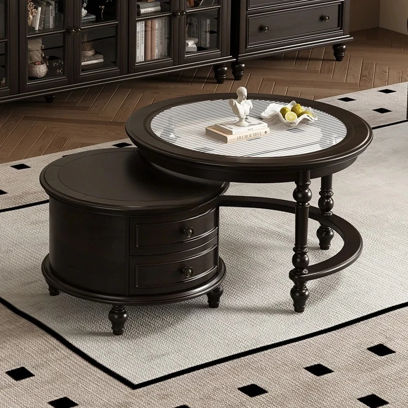 A American pure solid wood ivory white round combination coffee table small apartment living room