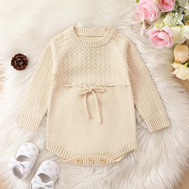 Suefunskry Baby Sweater Romper Solid Color Long Sleeve Round Neck Tie-up Front Knit Bodysuit Infant Fall Winter Outfit