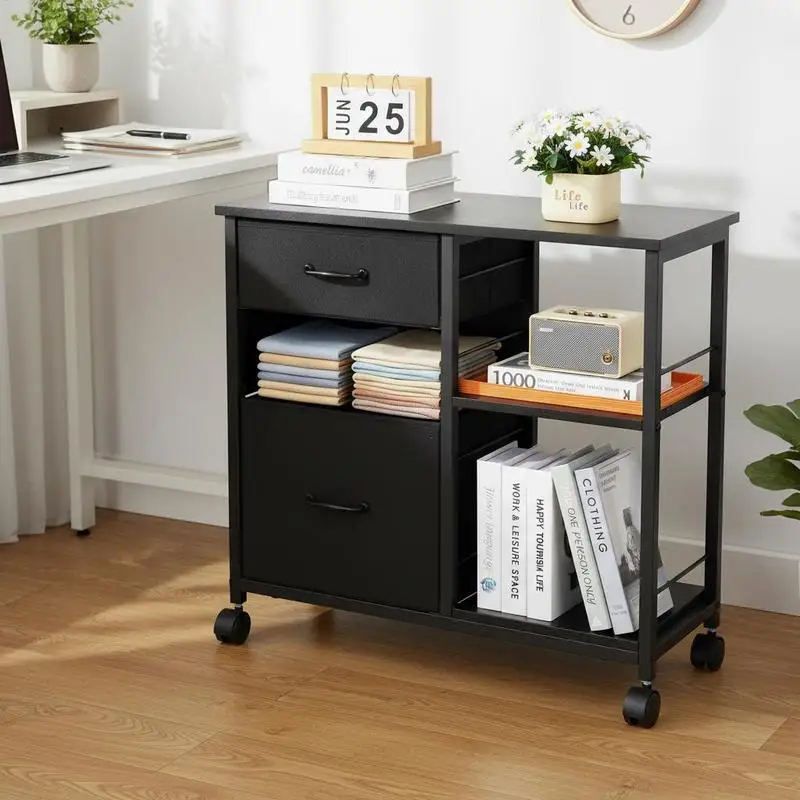 

Steel Document Organizer 15.7"x15.7"x26.8" For Home Office Study Bedroom, 3 Cloth Bins 2 Storage Racks Rolling Casters, Vertical Particle Board Metal Frame Structure Letter A4 Legal Size Compatibility Black
