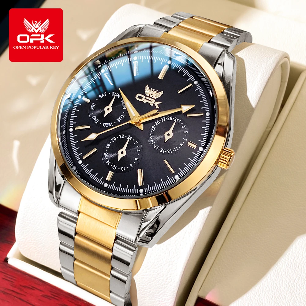 OPK Classic three eyed dial men's watches waterproof luminous quartz watch for man chronograph Fashion original male wristwatch
