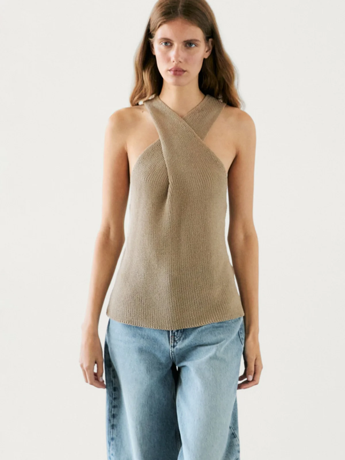 

Женский вязаный топ Ele mat Design с перекрестным вырезом, из чистого хлопка, для повседневной носки, прямого кроя, стандартной длины