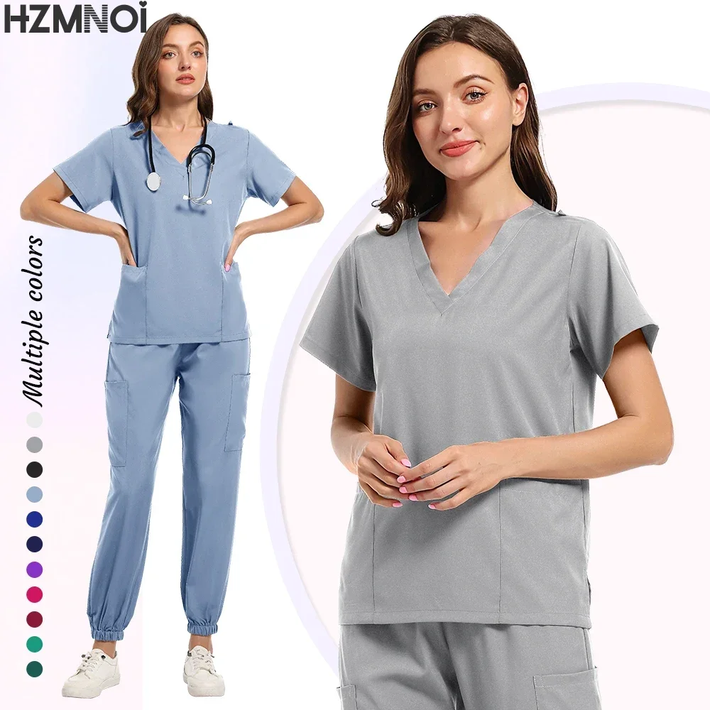 Odzież robocza unisex Garnitury Lekarz Mundury pielęgniarskie Krótki rękaw Topy z dekoltem w kształcie litery V Spodnie z kieszeniami Zestaw peelingów pielęgniarskich Odzież medyczna kliniczna