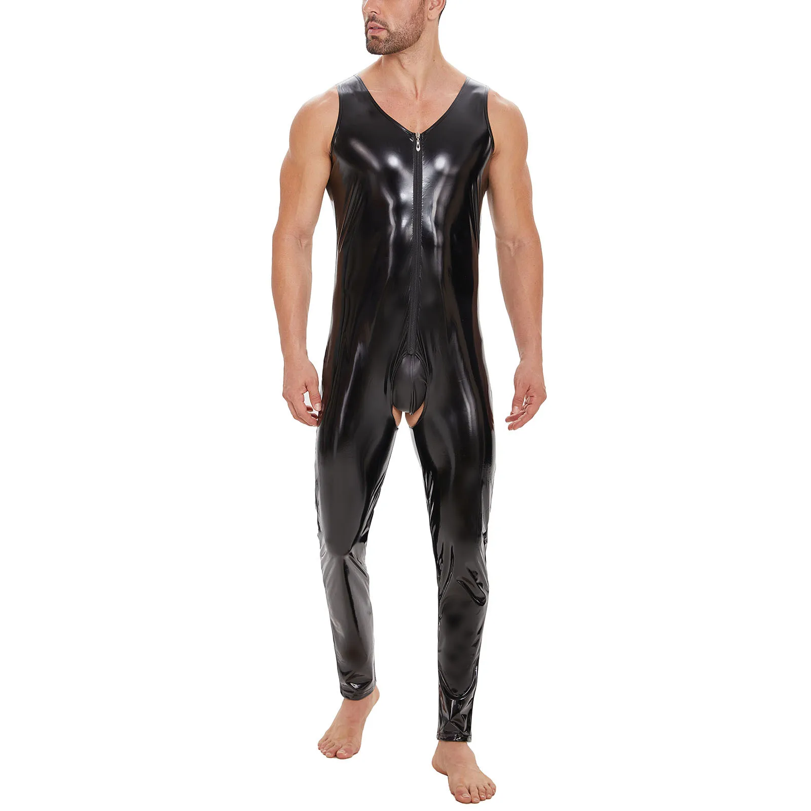 Mens Sexy Crotchless Latex Bodysuit Zipper PVC Leather Jumpsuit Gay Sleeveless Rompers Male Tight Long Leotard Wrestling Singlet