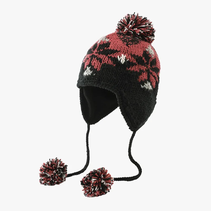 USPOP Autumn Winter  Women Beanie Hats with pom poms Jacquard  Lace-up Knitted Hat Warm Thickened Beanies with Earmuffs