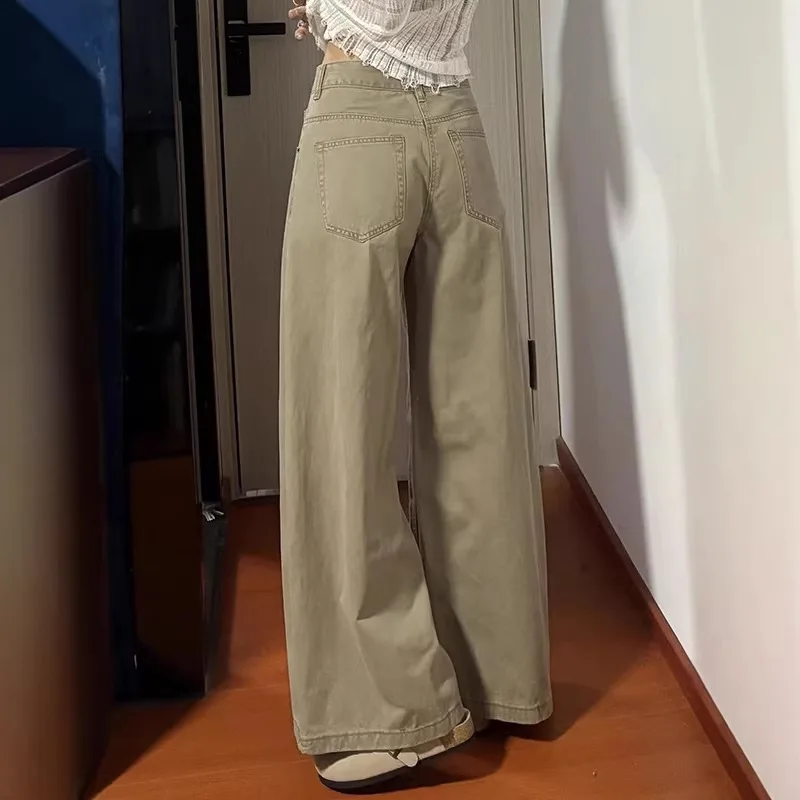 New Women's Khaki Draped Wide-Leg Jeans, High-Waisted Straight-Leg Floor-Length Pants