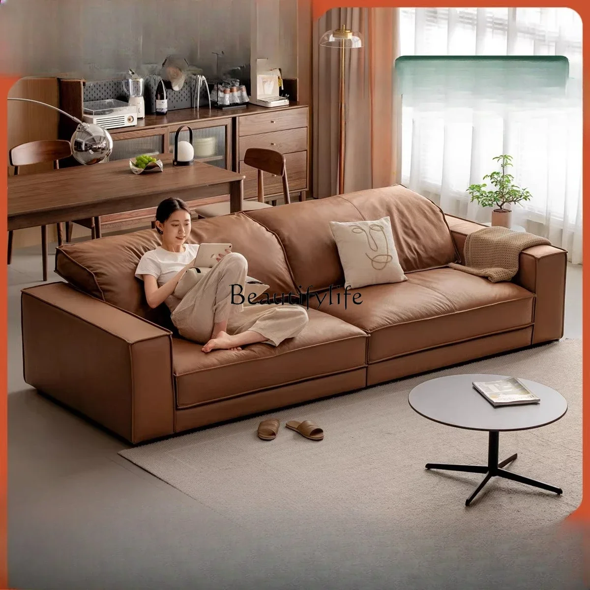 

35Leather sofa Italian first layer cowhide not against the wall Living room tofu block straight row sofa