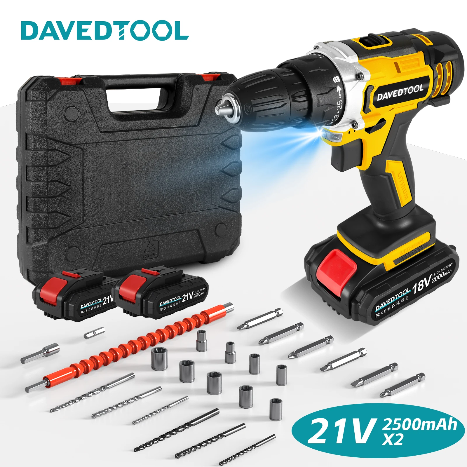 Conentool 21V Cordless Drill Set, Electric Screwdriver with 2x2500mAh Batteries, 40 N.m Max Power Drill with 24-Piece Bit Kit