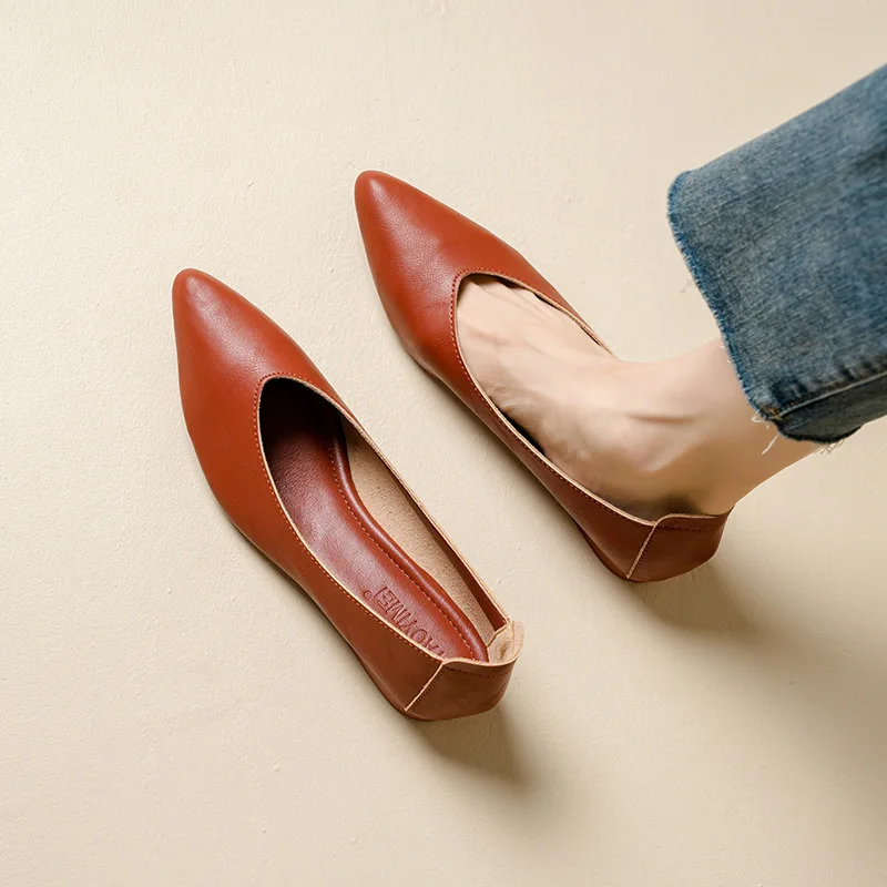 New Spring Single Leather Shoes Woman Low Heel Moccasins Candy Color Soft Leather Pumps Shallow Mouth Zapatos De Tacón Mujer