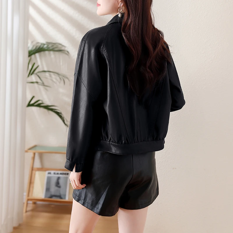 Chaqueta de Cuero E para Mujer, Estilo Nuevo 2024, Primavera Otoño, Prenda Exterior Informal de Alta Gama, Manga Larga...