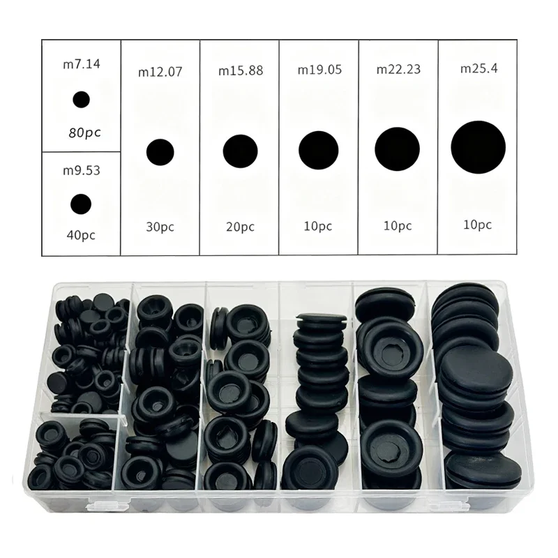 200Pcs Black Rubber Hole Grommets M7.14/M9.53/M12.07/M15.88/M19.05/M22.23/M25.4 Abrasion-Resistant Sealing Kit Electrical Wiring
