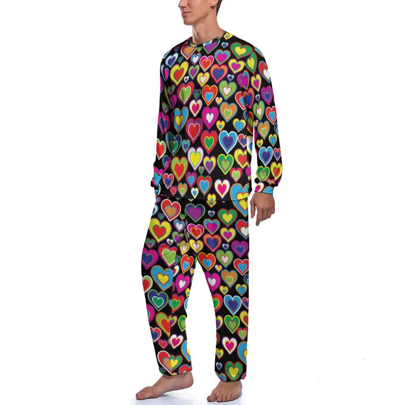 Conjunto de pijamas de manga comprida de corações arco-íris masculino, impressão artística vibrante divertida, pijamas personalizados casuais, moda outono, 2 peças