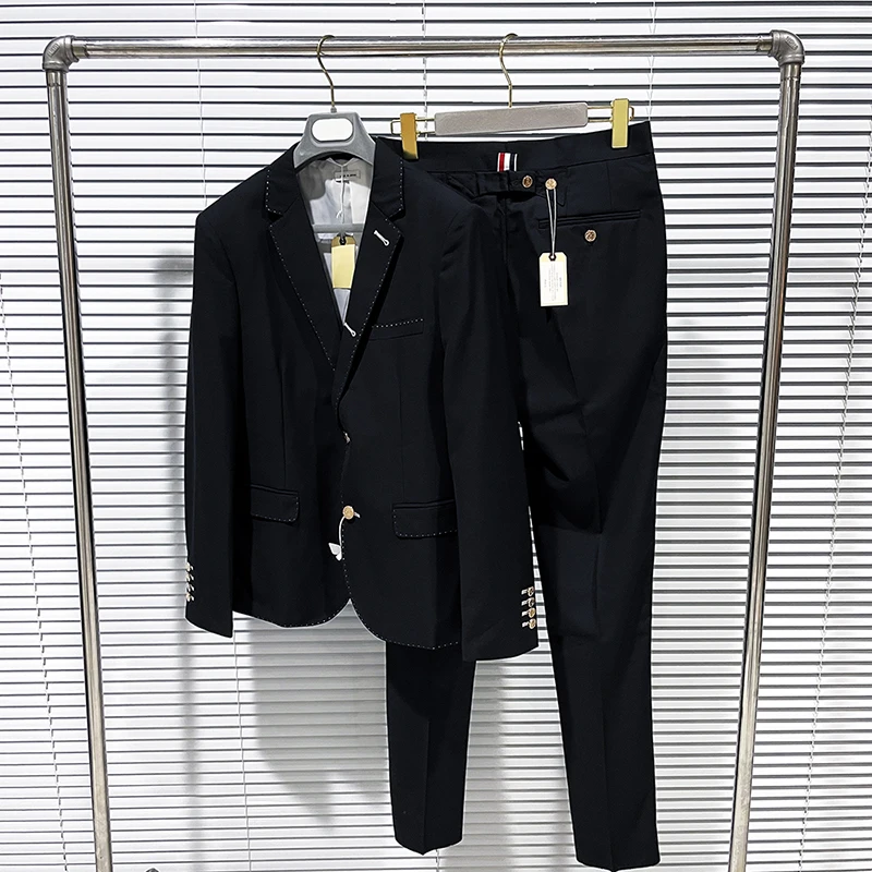 2025 Autumn And Winter New Classic Style Pure Black Red White Blue Ribbon Metal Button Business Casual Suit Suit Two-Piece Set