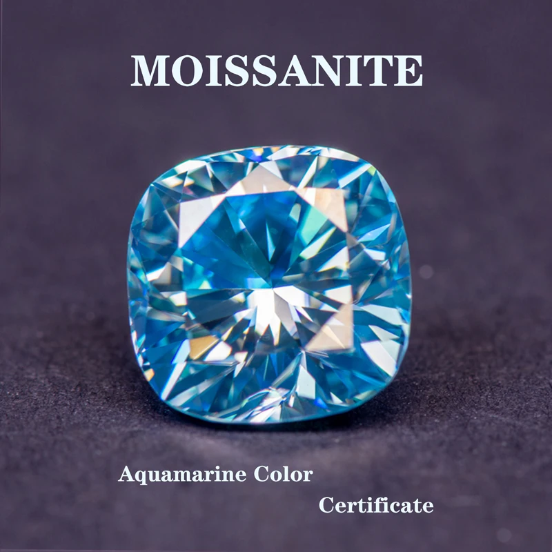 

Moissanite Stone Cushion Cut Aquamarine Color Wholesale Price Diamond for Charms Woman DIY Jewelry Making with GRA Certificate