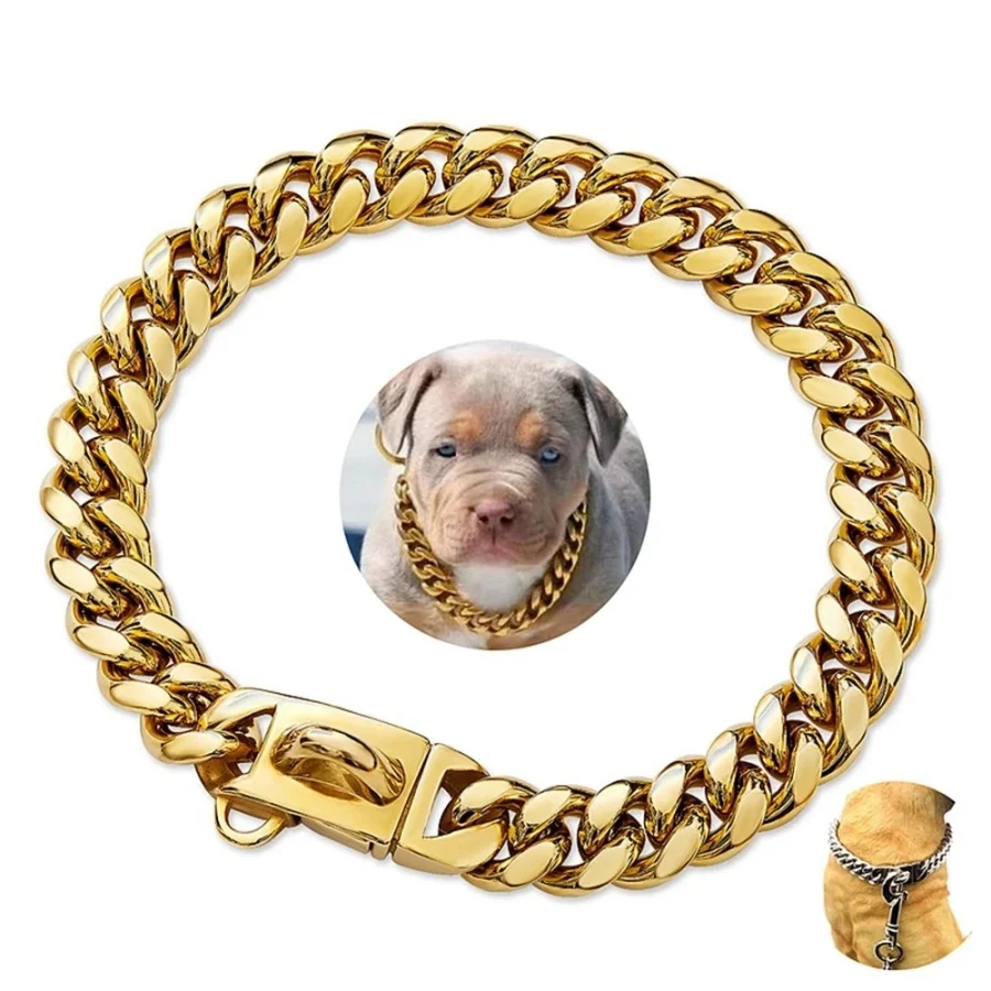 Collar de Metal para perro, Gargantilla de acero inoxidable para mascotas, cadena de eslabones cubanos dorados, plomo de 14mm de ancho para perros pequeños, medianos y grandes, accesorios para mascotas, 1 ud.
