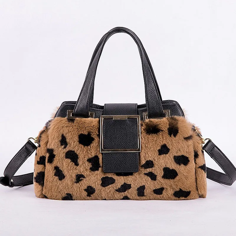 

Winter Soft Rex Rabbit Handbag Leopard Print Luxury Color Fashion Designer Large Capacity Shoulder Bag