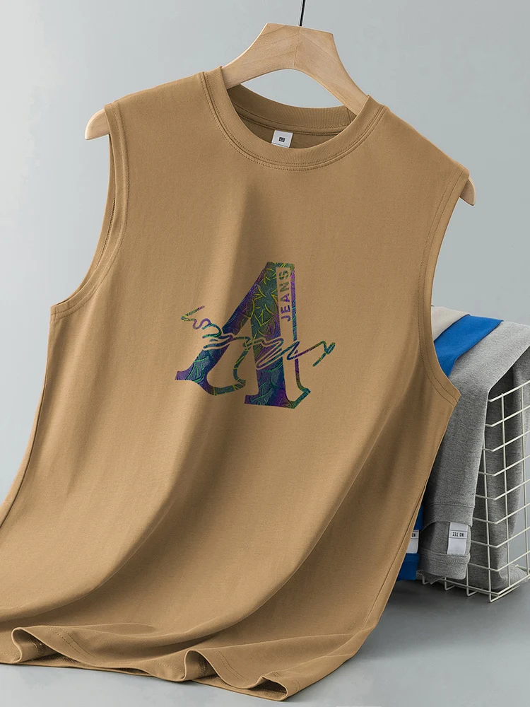 

American Sle Heavyweight Pure Cotton Vest Men's Summer Baskeall Letter Print Svel T-irt round Ne Sweaa