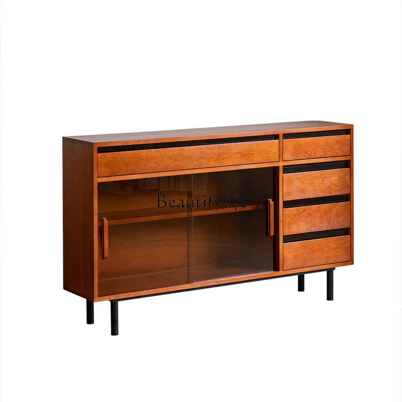 

*Retro dining side cabinet solid wood small apartment medium ancient cherry wood living room storage locker against the wall