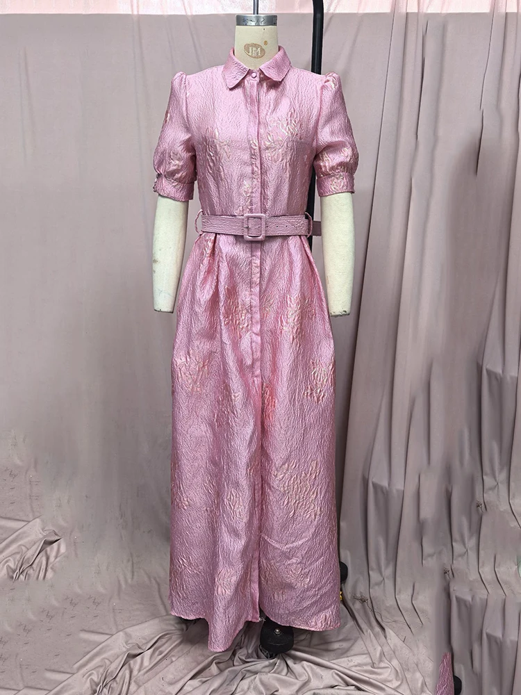 فساتين أنيقة فاخرة ضئيلة طويلة الربيع النساء التلبيب فستان بأكمام قصيرة الصيف عالية الخصر الوردي موضة حزام طول الركبة فستان #5