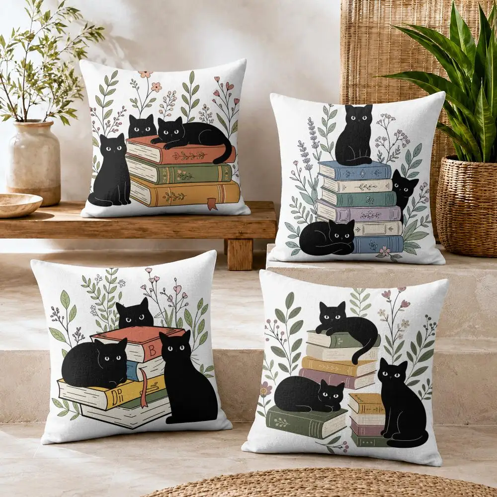 Black Cats With Books Cushion Cover Short Plush Soft Double-Sided Printing Pillow Case Cozy Sofa Bedroom Home Decor Gift