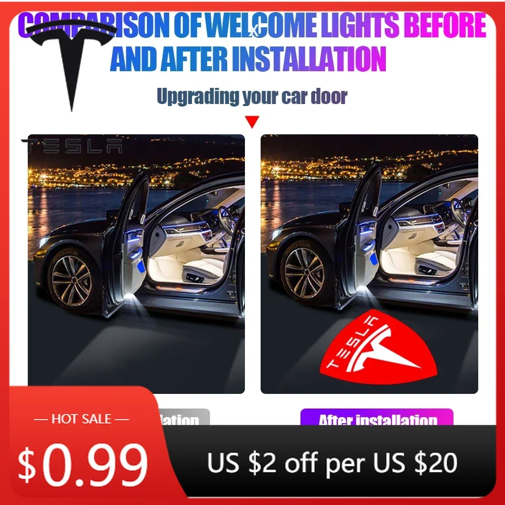 

Наклейка на автомобиль Tesla, 2 шт., беспроводная светодиодная лампа-проектор для дверей автомобиля, HD-проектор, декоративная подсветка для Tesla Model 3 Highland 2023, Model S