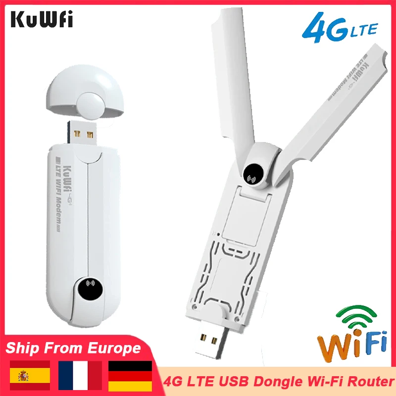 KuWFi 4G LTE USB Dongle 150Mbps Unlocked 4G Wireless Wifi Router Modem Hotspot with External Antenna Wifi Network Card for Car