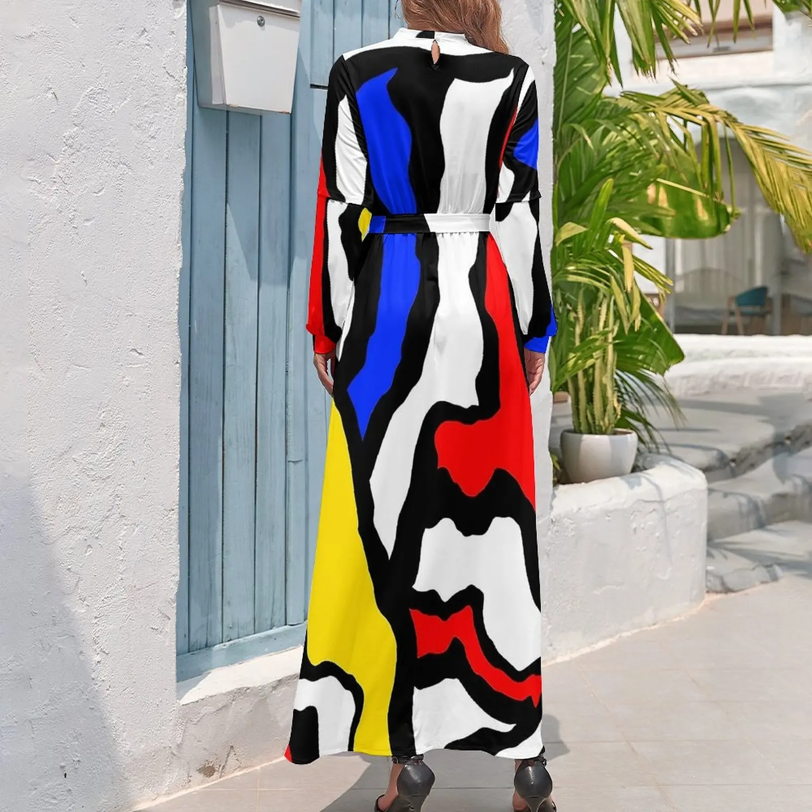 Mondrian Dress Stripes Red Yellow and Blue Trendy Graphic Maxi Dress High Neck Long Sleeve Casual Beach Long Dresses