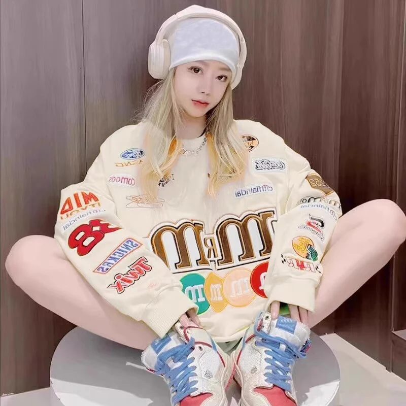 Spring Autumn Hoodie Sweatshirts Women Round Neck Letter Embroidery Loose Long Sleeve Pullover Street Harajuku Casual Tops 2024