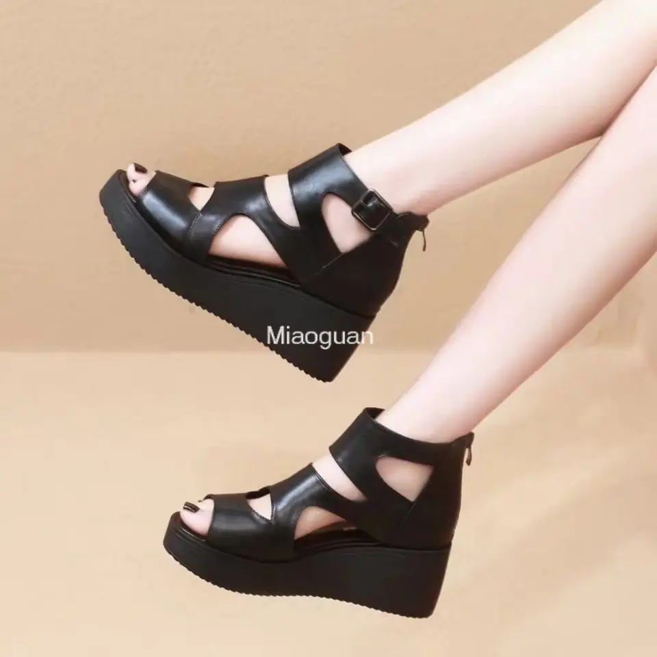 Women\'s Sandals with Black Platform Wedges Heels Black Round Head Roman Peep Toe High Quality Soft Leather PU 2024 Summer Sandal